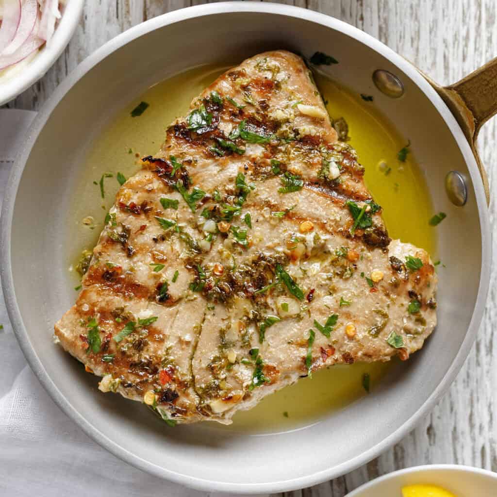 tuna steak in skillet