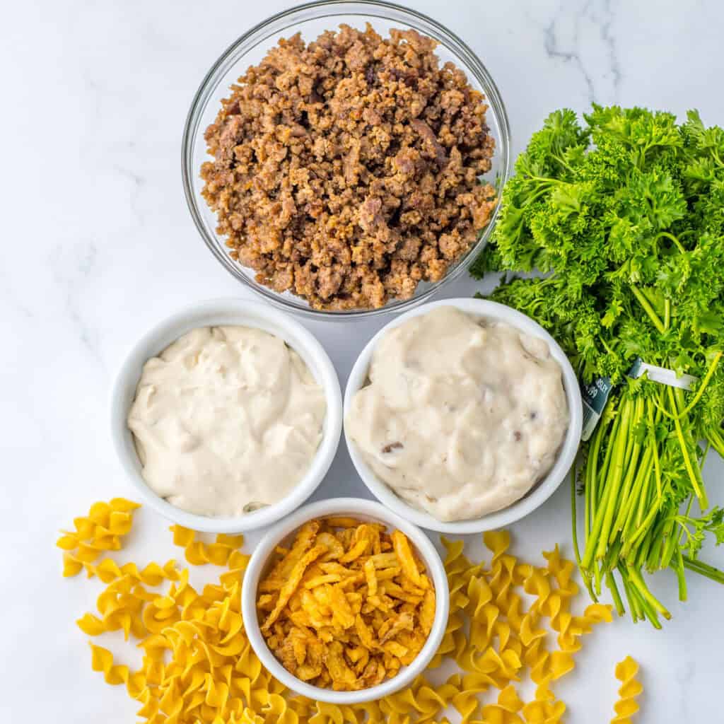 french onion and beef casserole ingredients on countertop