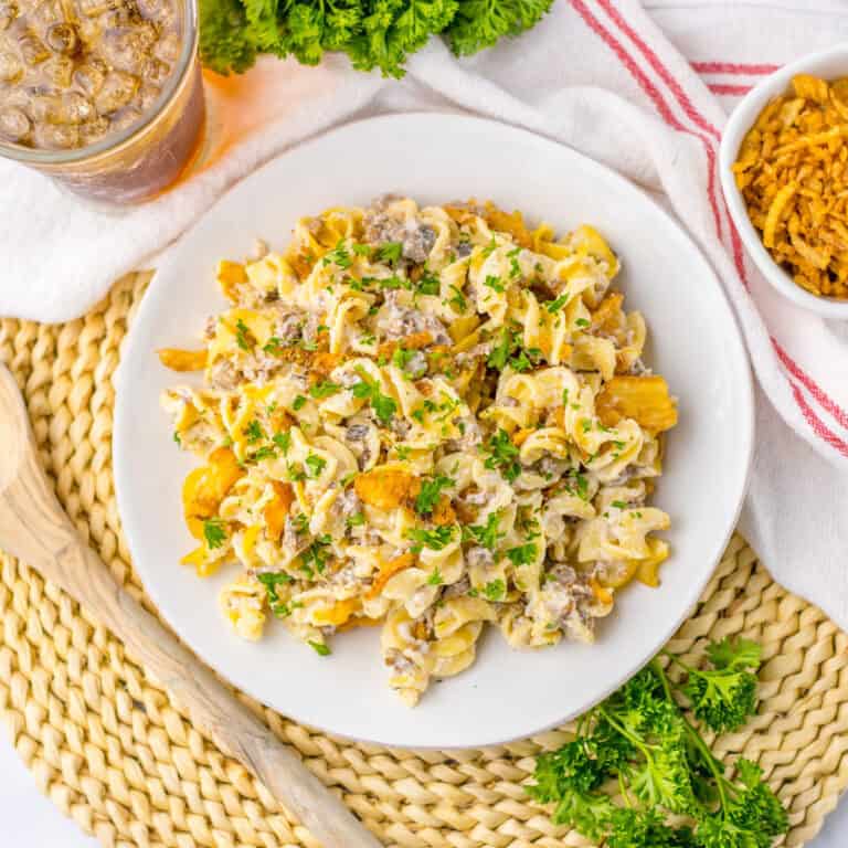 french onion and beef casserole on white plate