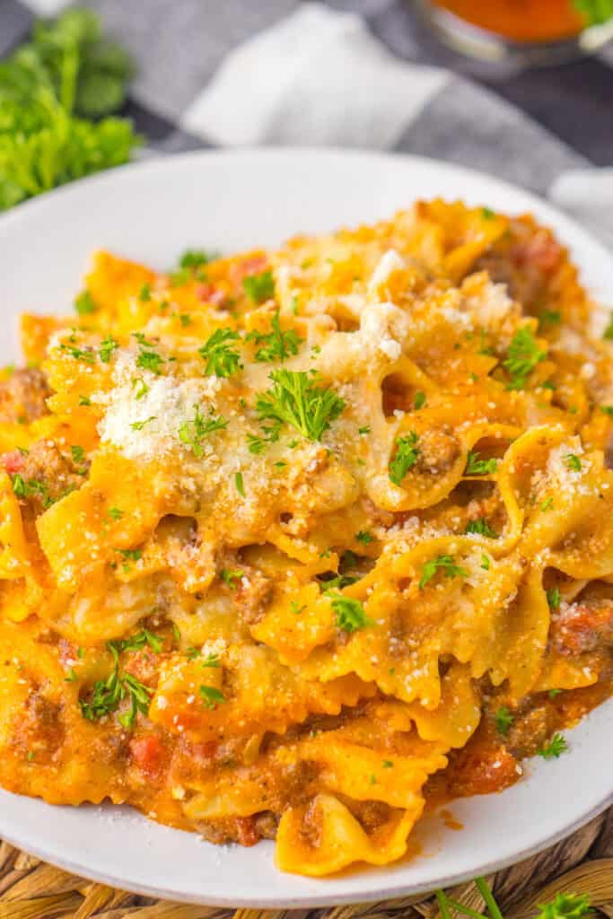 plate of skillet lasagna with cheese and parsley