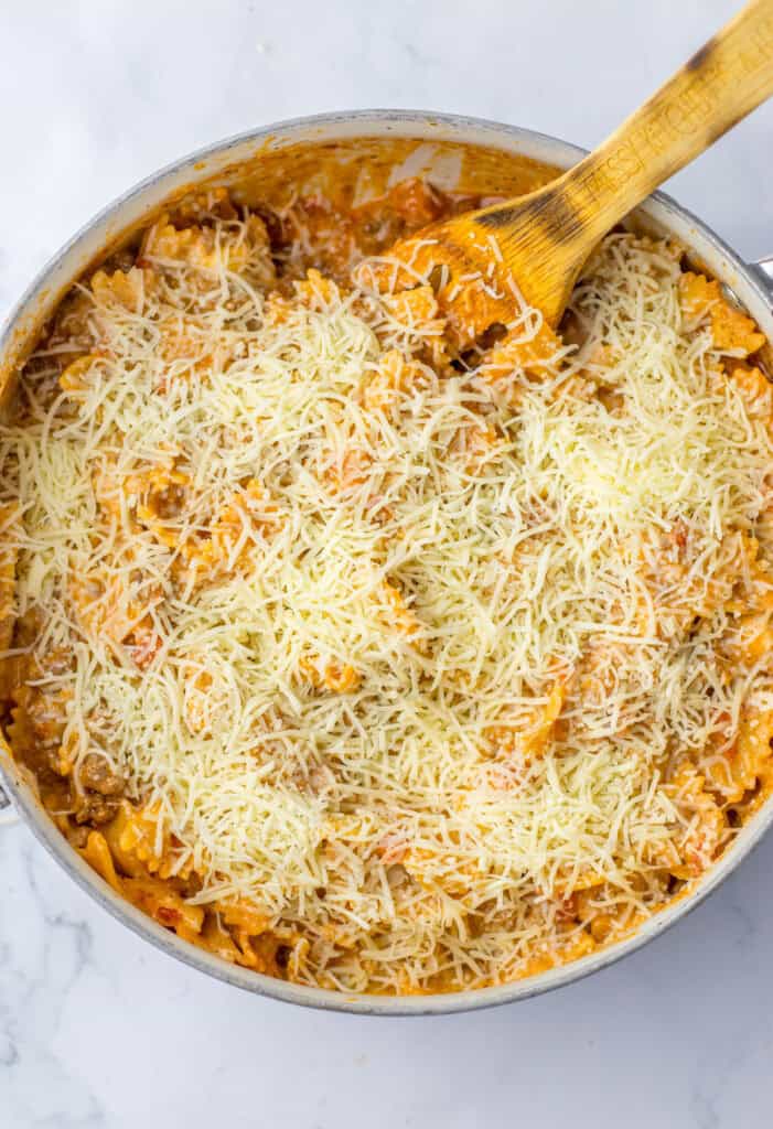 skillet lasagna with cheese on top