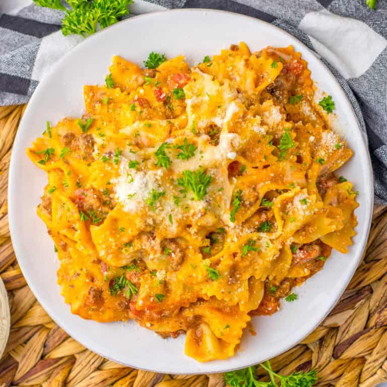 white plate with skillet lasagna