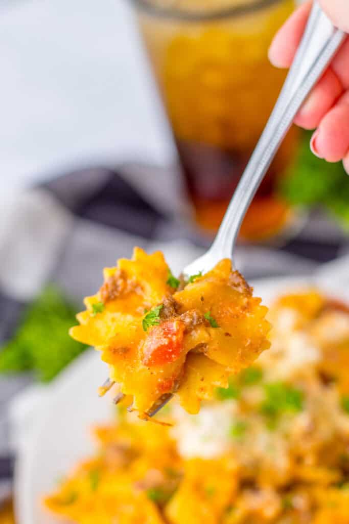 fork with bite of skillet lasagna