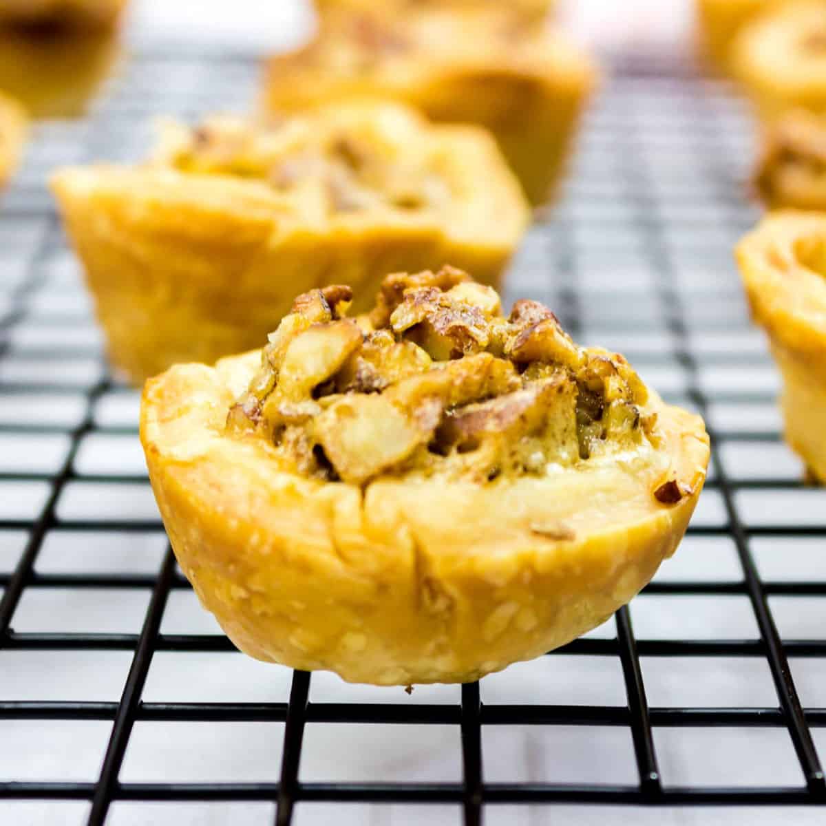 close up of mini pecan tart