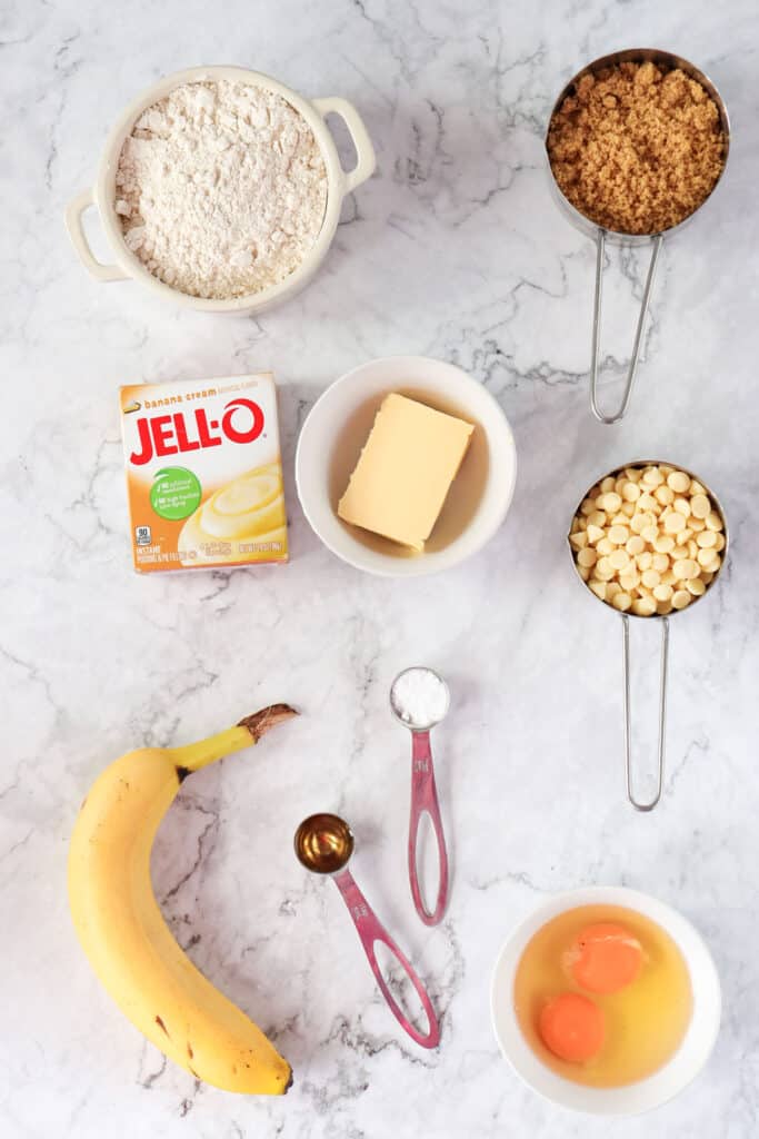 banana pudding cookies ingredients on marble countertop