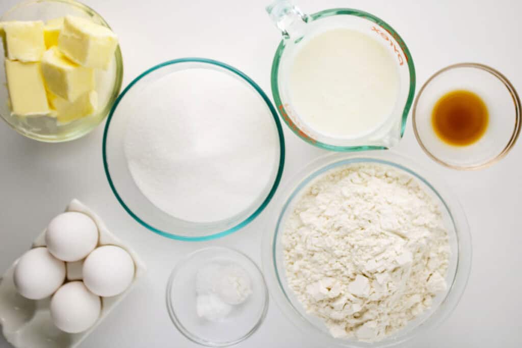 caramel cake ingredients in bowls on counter