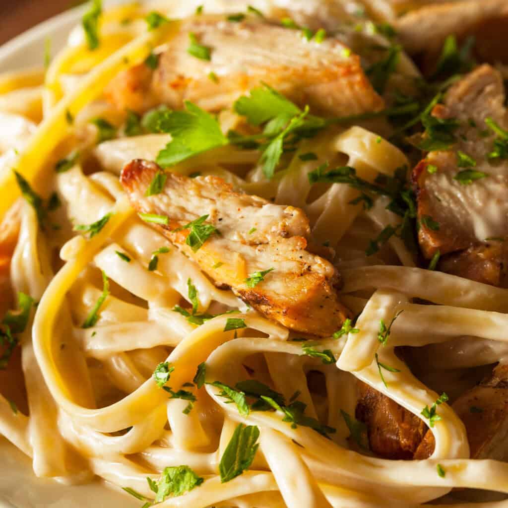 creamy chicken mushroom pasta on plate