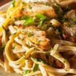 creamy chicken mushroom pasta on plate
