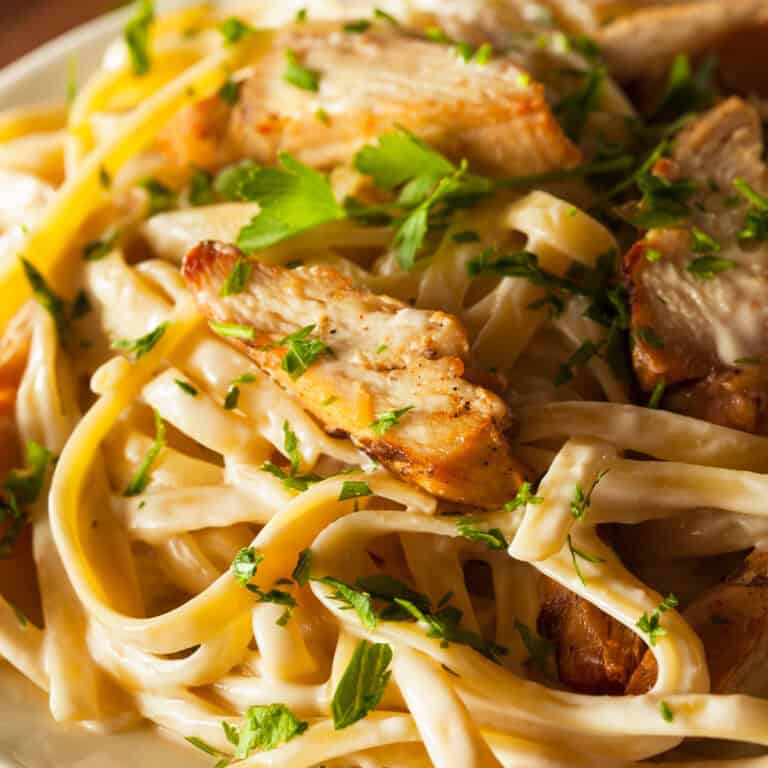 creamy chicken mushroom pasta on plate