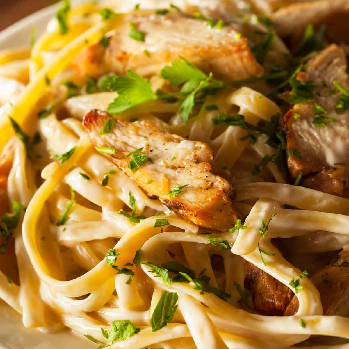 creamy chicken mushroom pasta on plate