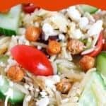 collage of Greek orzo salad with recipe name overlay