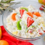 Hawaiian cheesecake salad in glass bowl