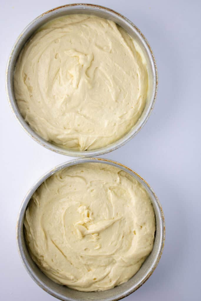 caramel cake batter in two pans before baking