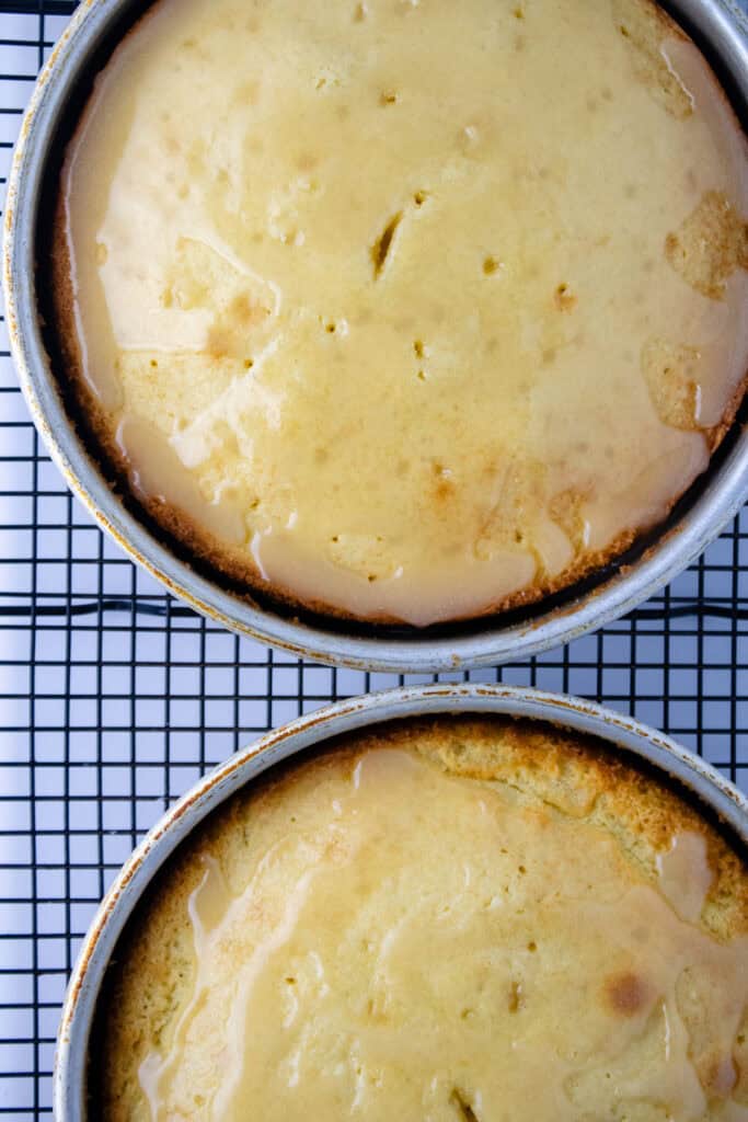 caramel cake in baking pans