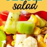 collage of rainbow vegetable salad with recipe name overlay
