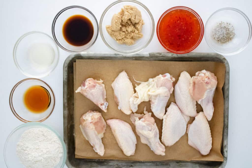 sweet chili wings ingredients on countertop