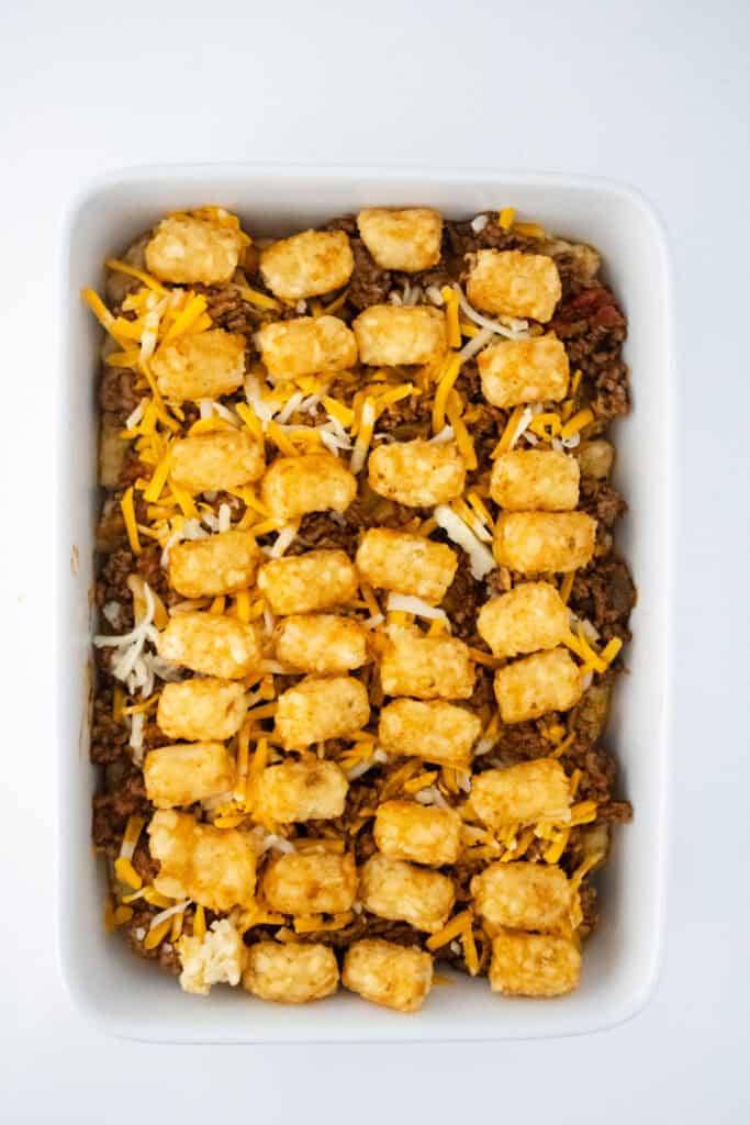 layering taco tot casserole