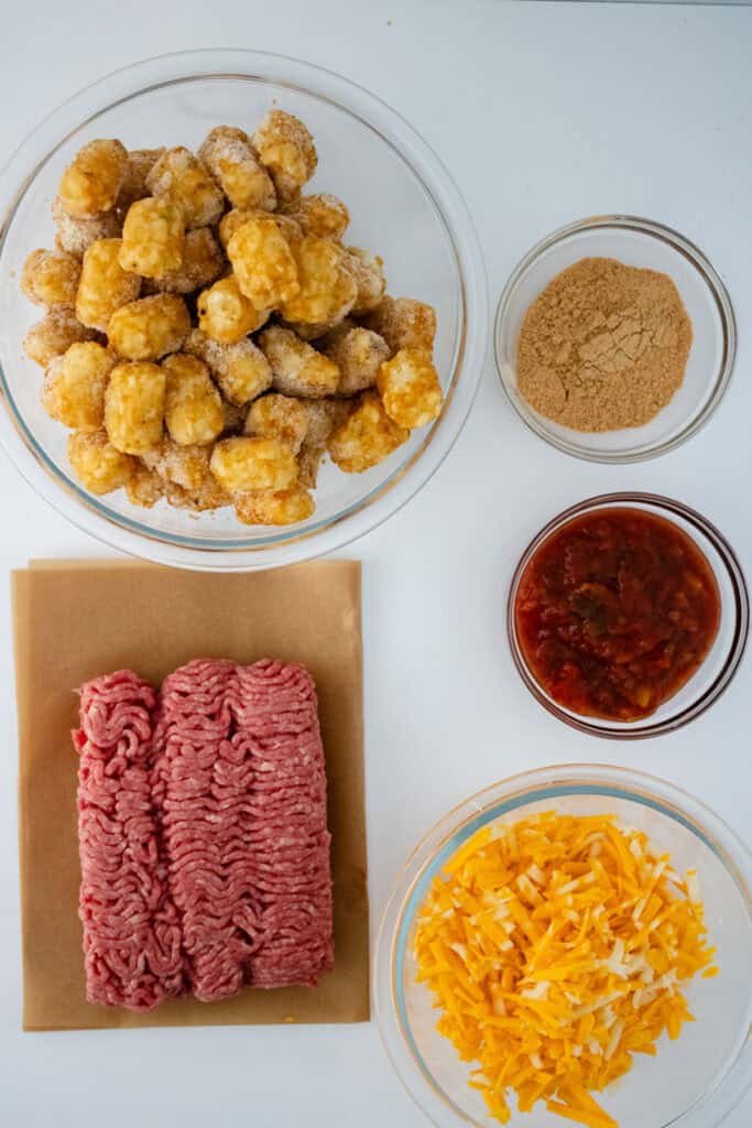 taco tot casserole ingredients on coutnertop