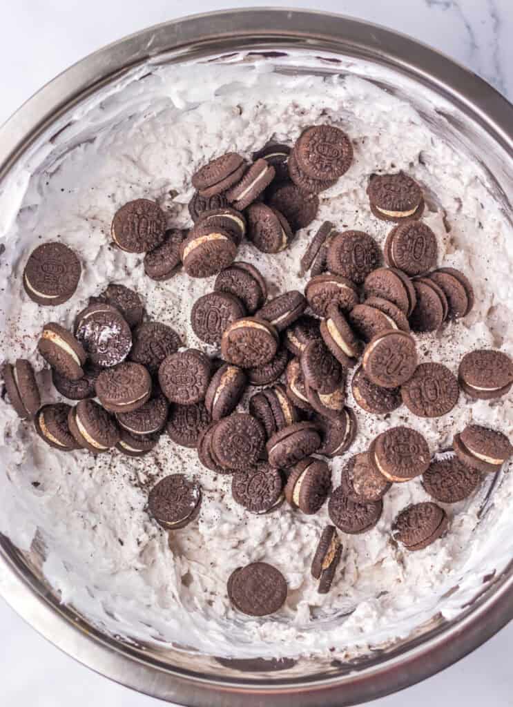 mini oreos in bowl of oreo fluff