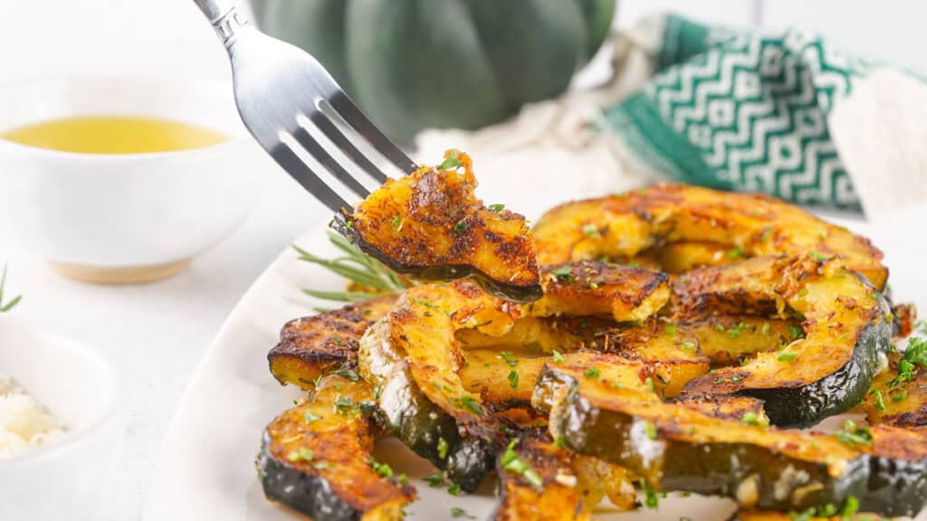 fork with bite of roasted acorn squash