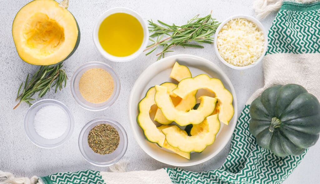 roasted acorn squash ingredients on counter