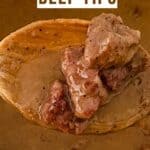 collage of dutch oven beef tips with recipe name overlay