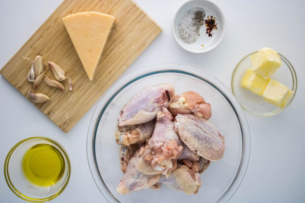 garlic parmesan wings ingredients in bowls