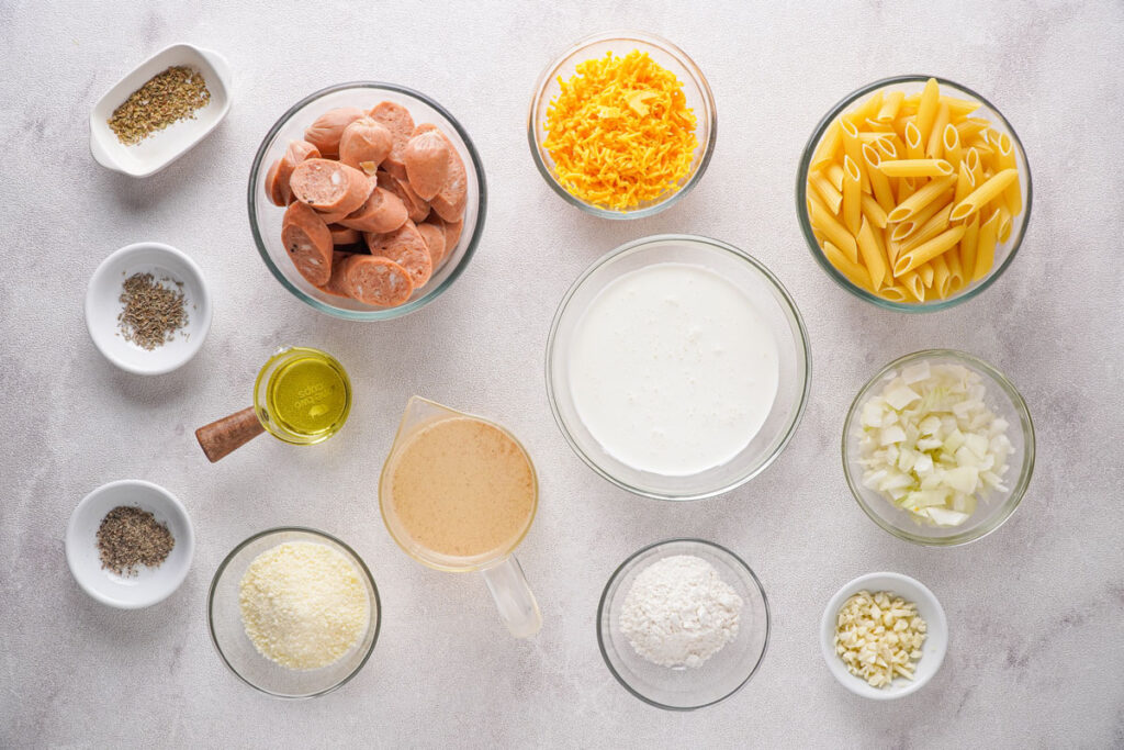 cheesy kielbasa pasta ingredients