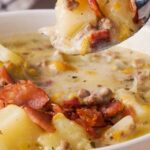 collage of Creamy Cheeseburger Soup with recipe overlay