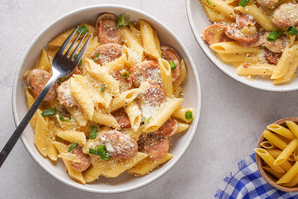 bowls of kielbasa pasta