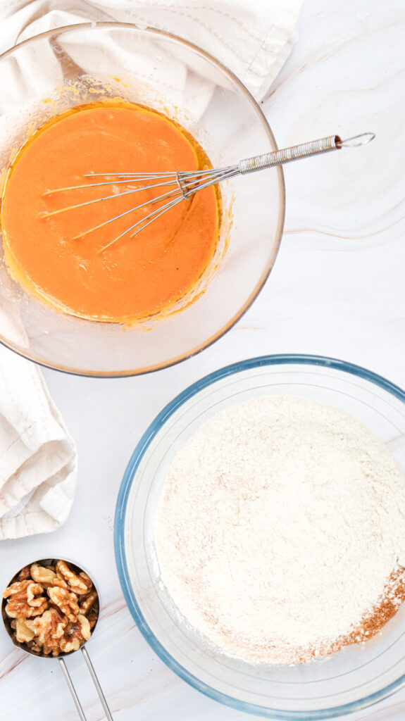 pumpkin mixture and flour in glass bowls