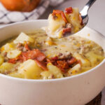 cheeseburger soup in white bowl