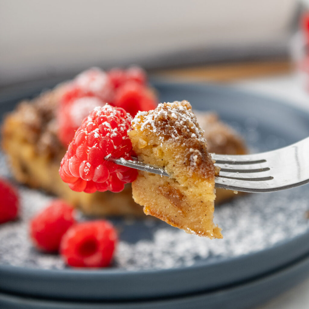 bite of French toast casserole on fork
