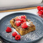 French toast casserole piece on grey plate