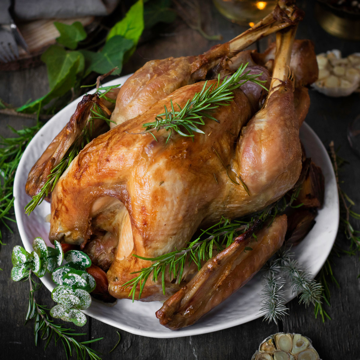 roast whole turkey on white platter