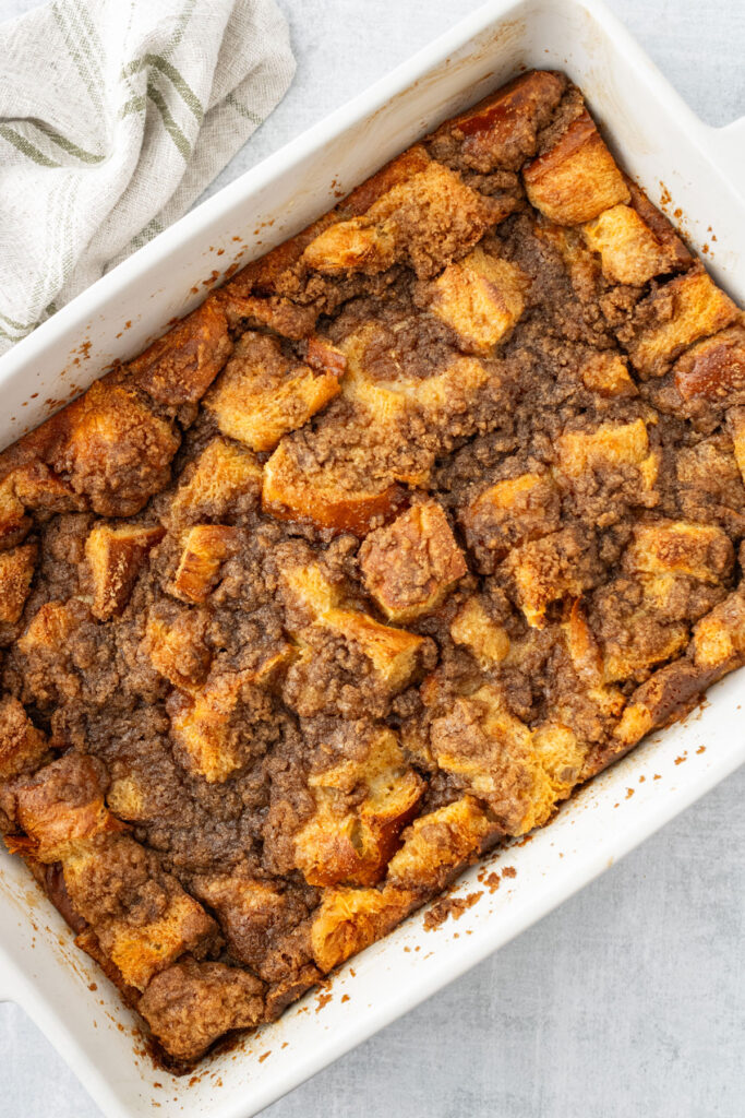 French toast casserole in white casserole dish