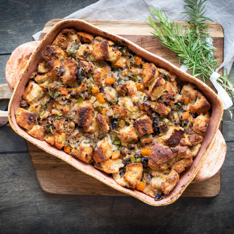 overhead view of vegetable herb stuffing in casserole dish