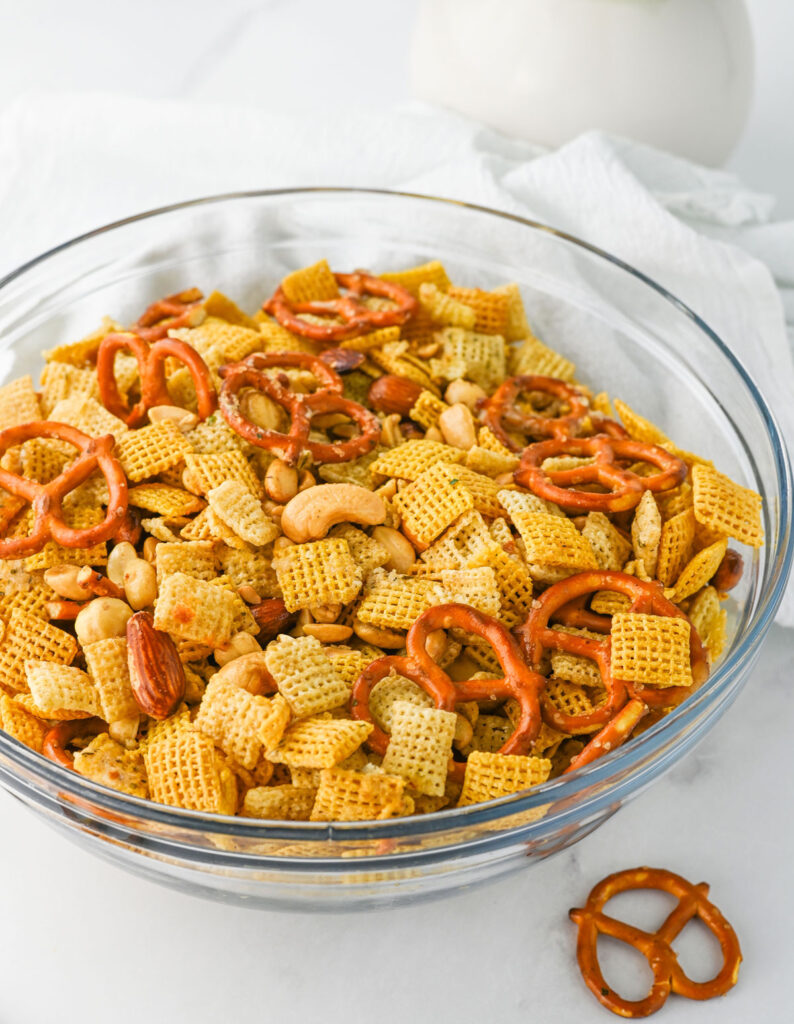 slow cooker chex mix in glass bowl