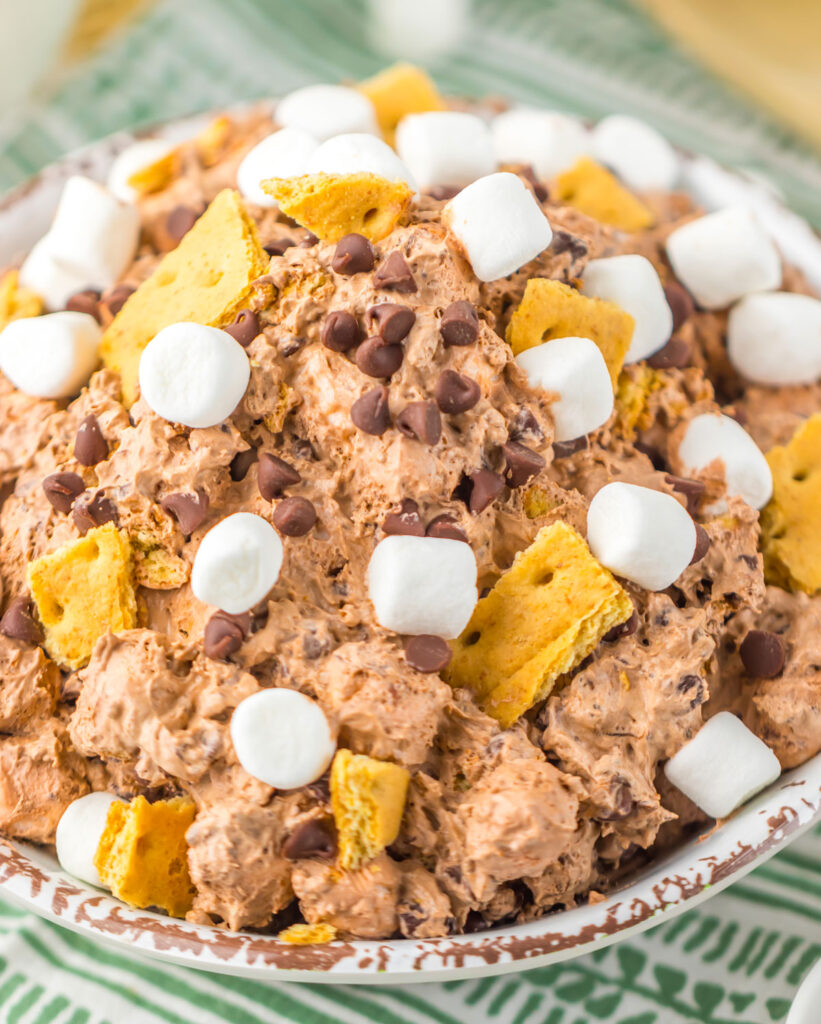 s'mores fluff in bowl with marshmallows on top