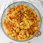 slow cooker chex mix in glass bowl