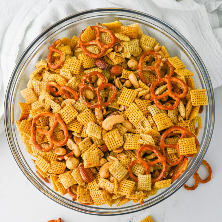 slow cooker chex mix in glass bowl