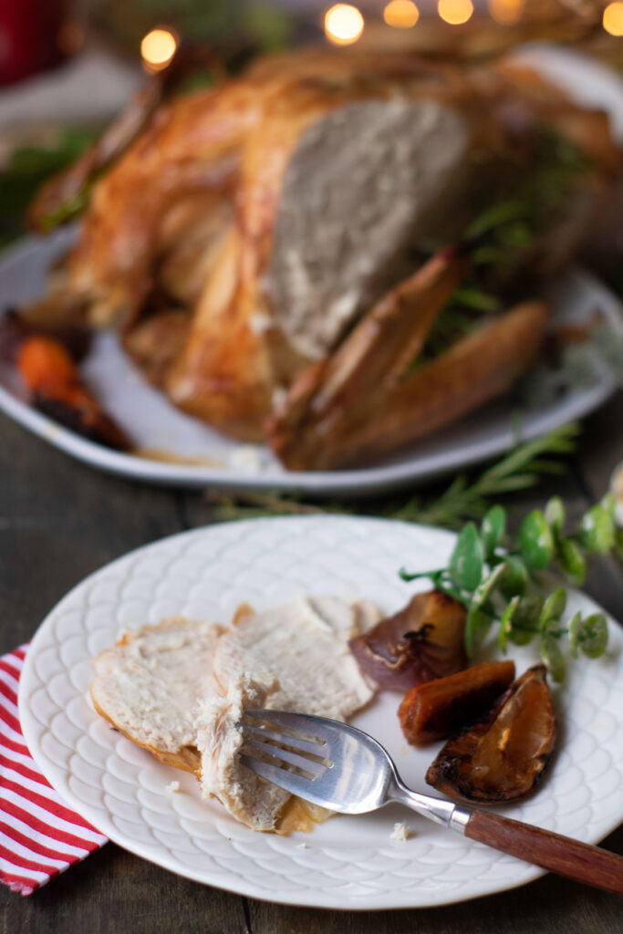 sliced turkey breast with whole turkey in background