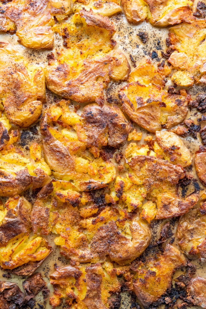 close up of smashed potatoes