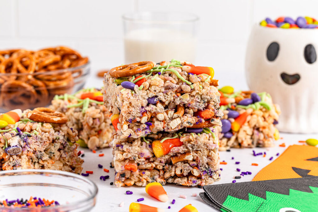 stack of Halloween rice krispie treats
