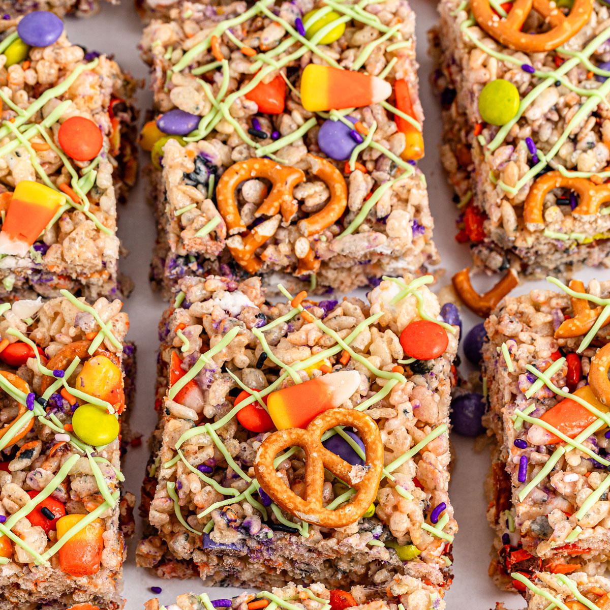 Halloween rice krispie treats on parchment paper