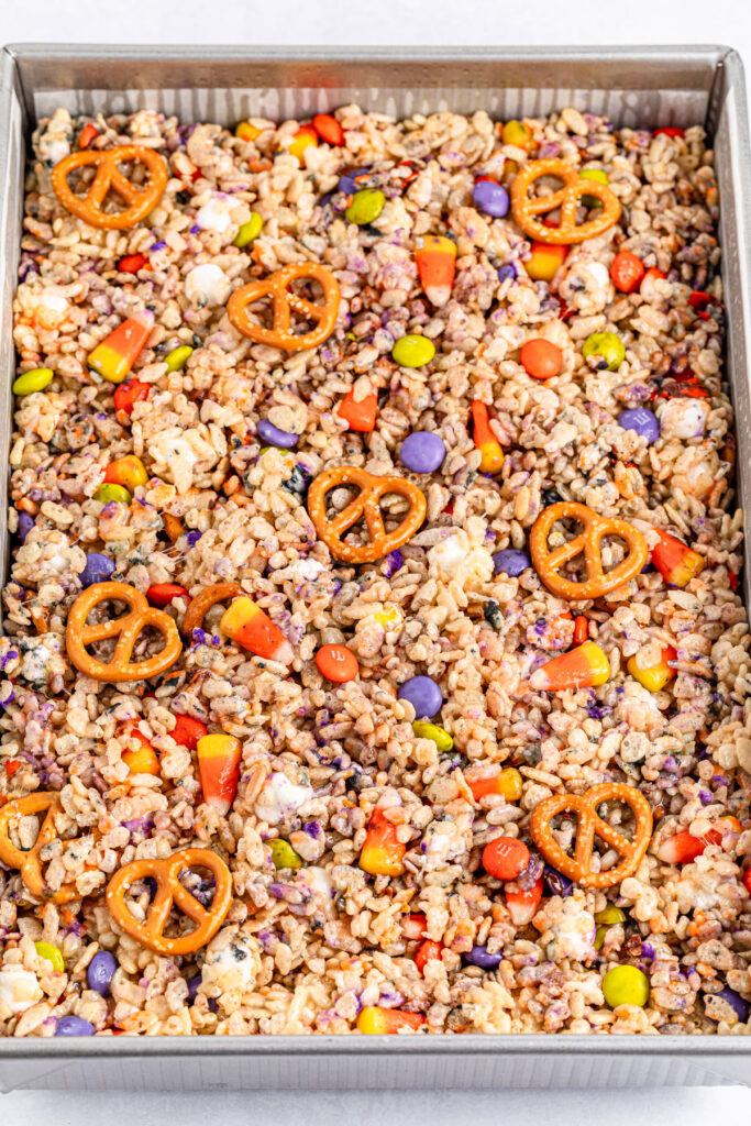 Halloween rice krispie treats in pan