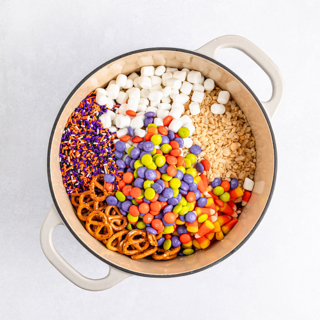 Halloween rice krispie treat ingredients in pot