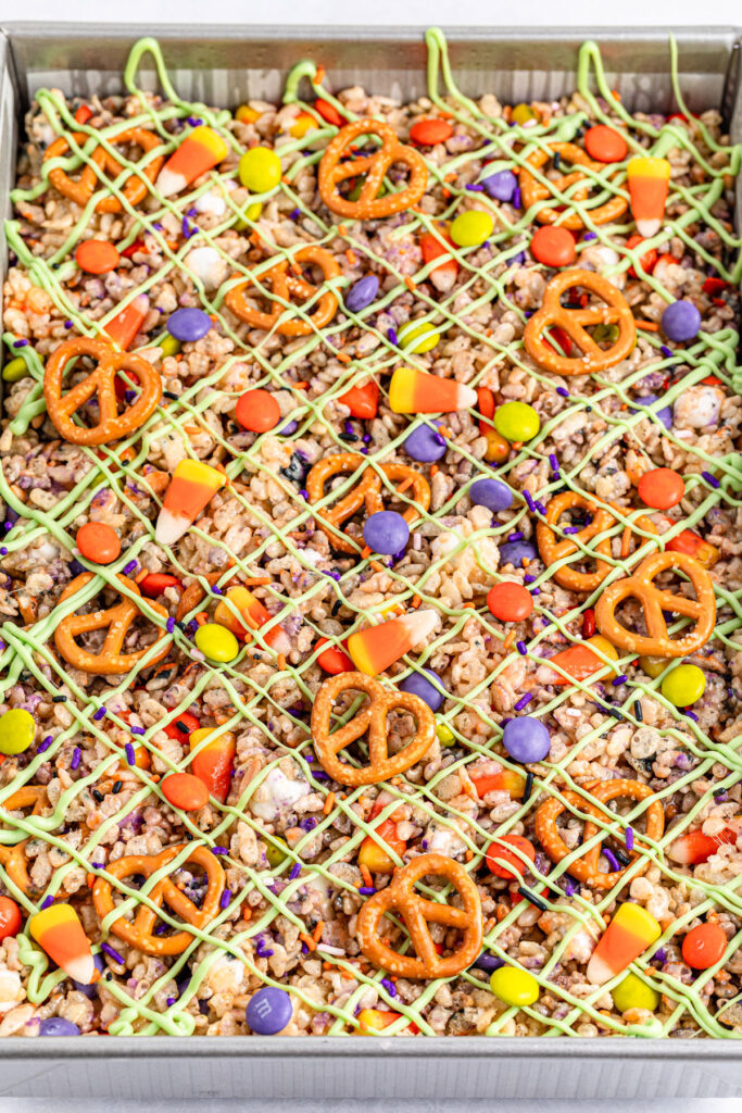 Halloween rice krispie treats before cutting