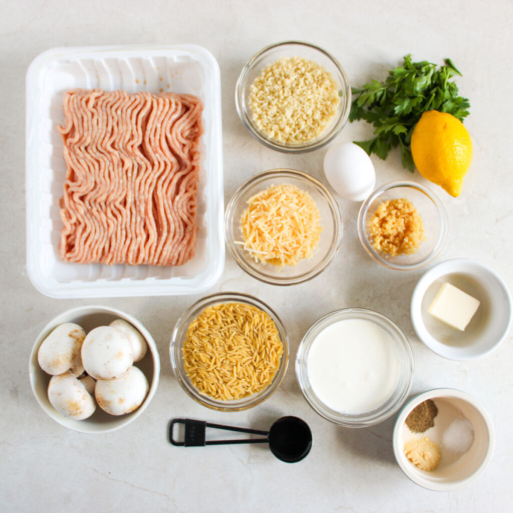 chicken meatballs and orzo ingredients in bowls on counter