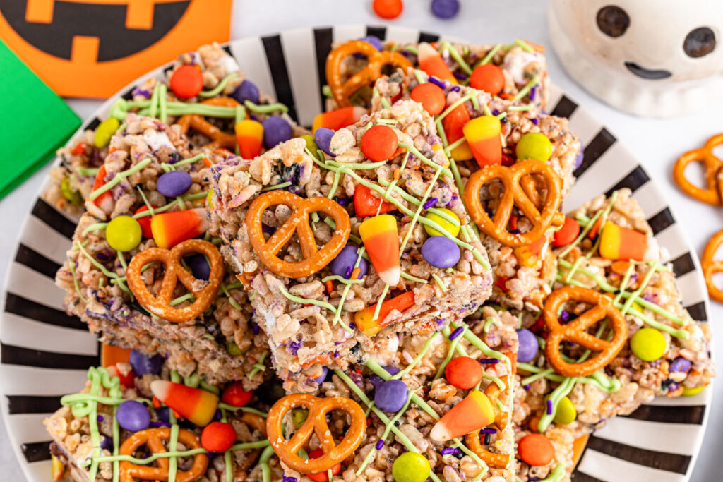 Halloween rice krispie treats on striped plate